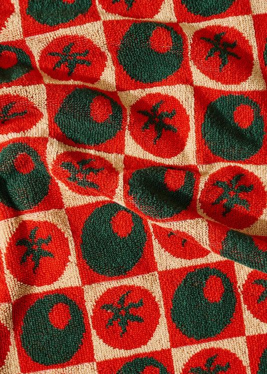 Checked Olive and Tomato Cotton Terry Cloth