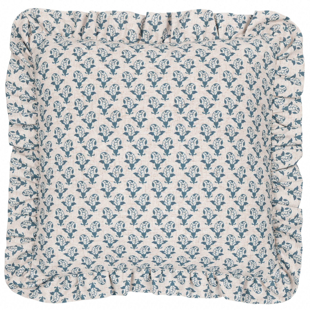 Lulah Block Printed Ruffle Cushion Linen/Blue