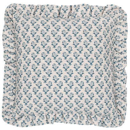 Lulah Block Printed Ruffle Cushion Linen/Blue