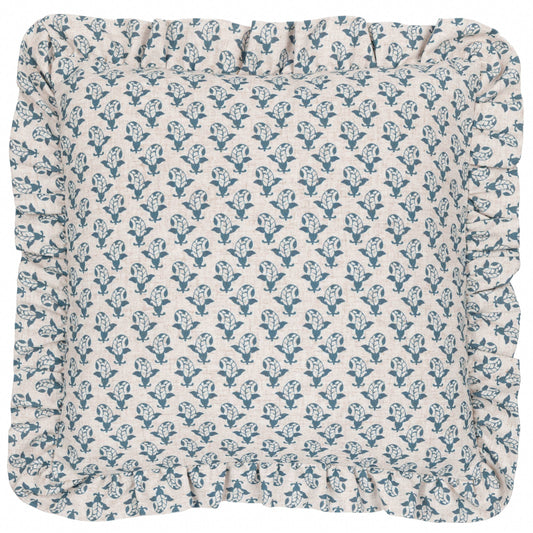Lulah Block Printed Ruffle Cushion Linen/Blue