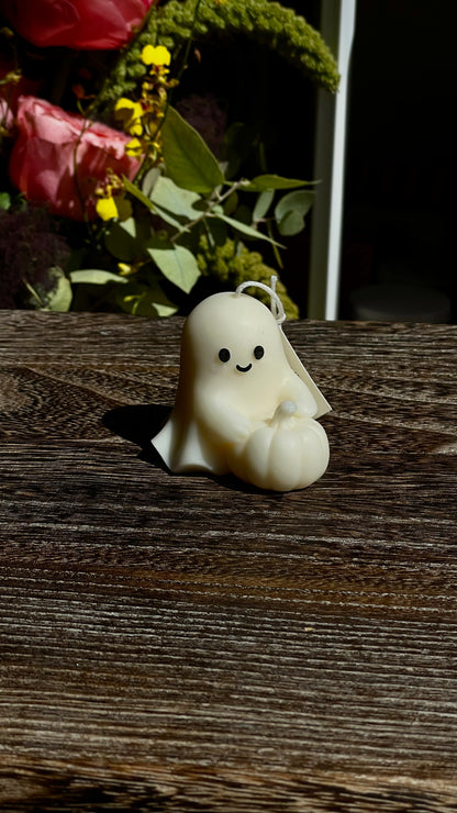 Ghostie Holding Pumpkin Candle