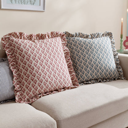 Lulah Block Printed Ruffle Cushion Linen/Blue