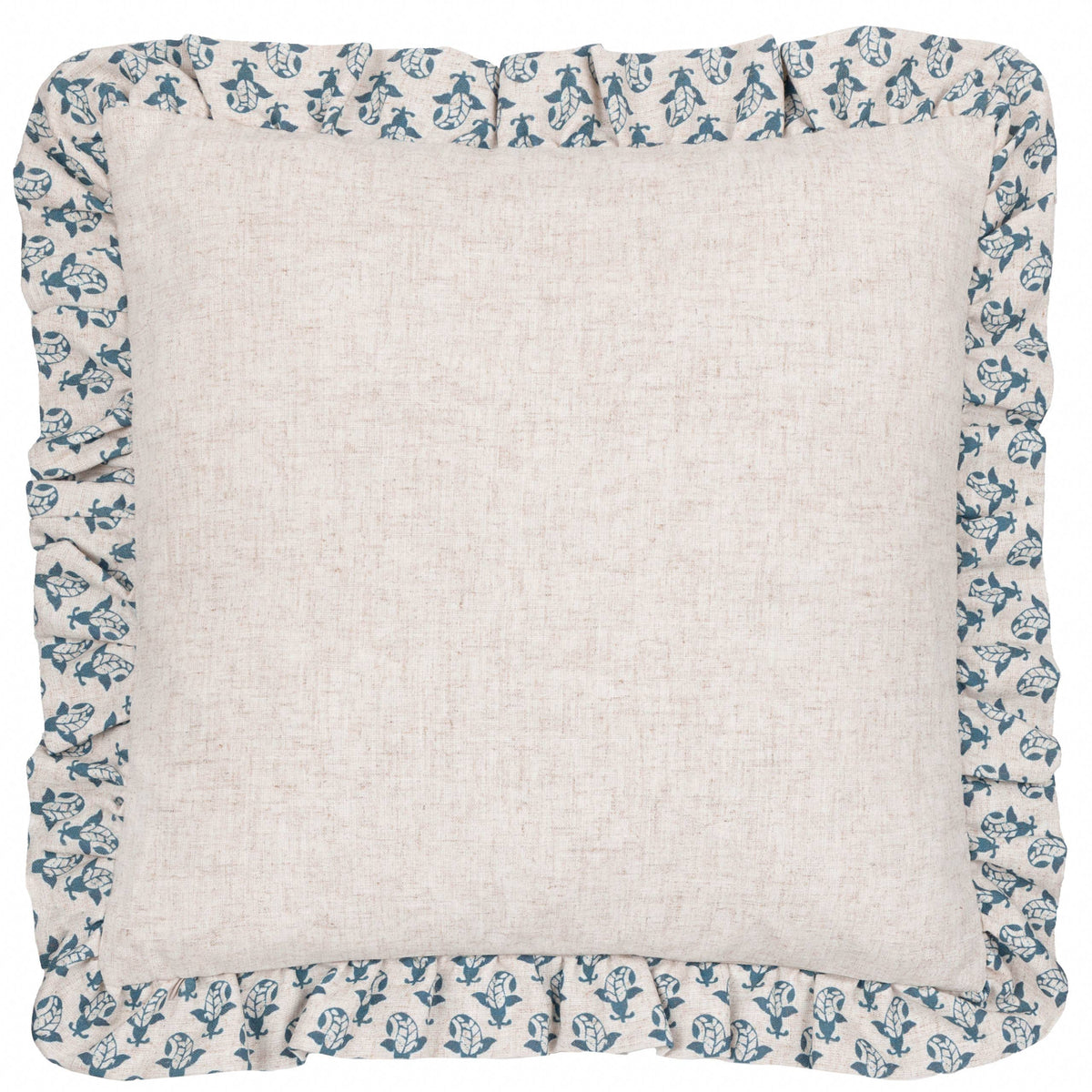 Lulah Block Printed Ruffle Cushion Linen/Blue
