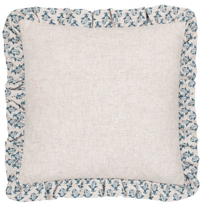 Lulah Block Printed Ruffle Cushion Linen/Blue