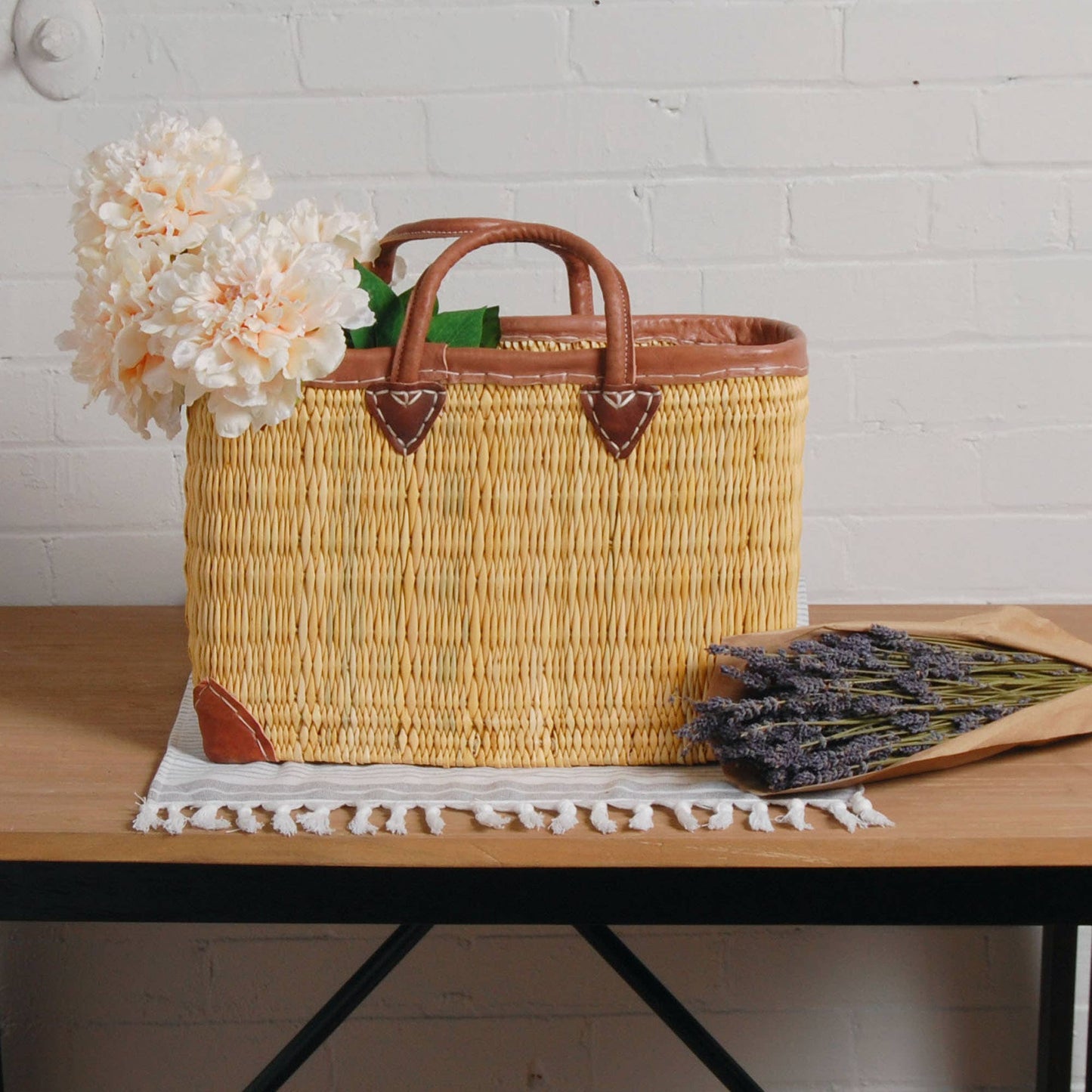 Leather Detail Straw Market Bag