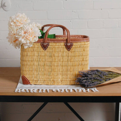 Leather Detail Straw Market Bag