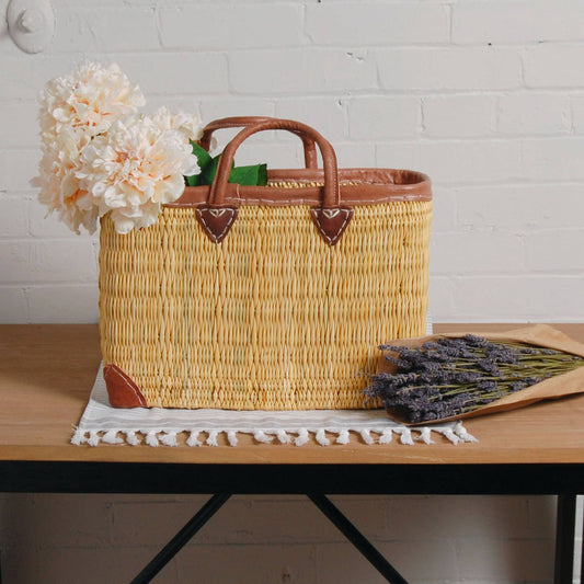 Leather Detail Straw Market Bag
