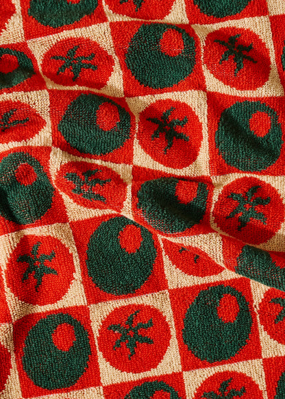 Checked Olive and Tomato Cotton Terry Cloth