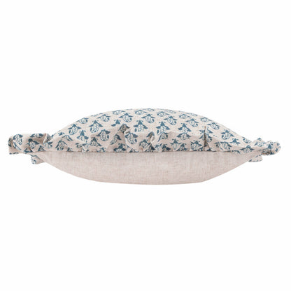 Lulah Block Printed Ruffle Cushion Linen/Blue