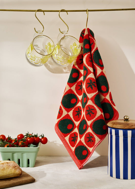 Checked Olive and Tomato Cotton Terry Cloth