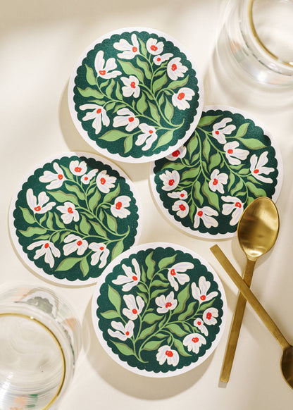 Green and Lavender Floral Scalloped Coasters