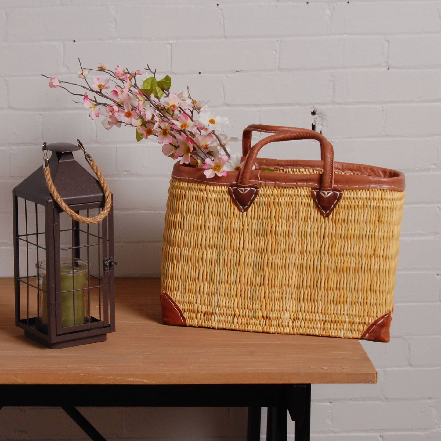 Leather Detail Straw Market Bag